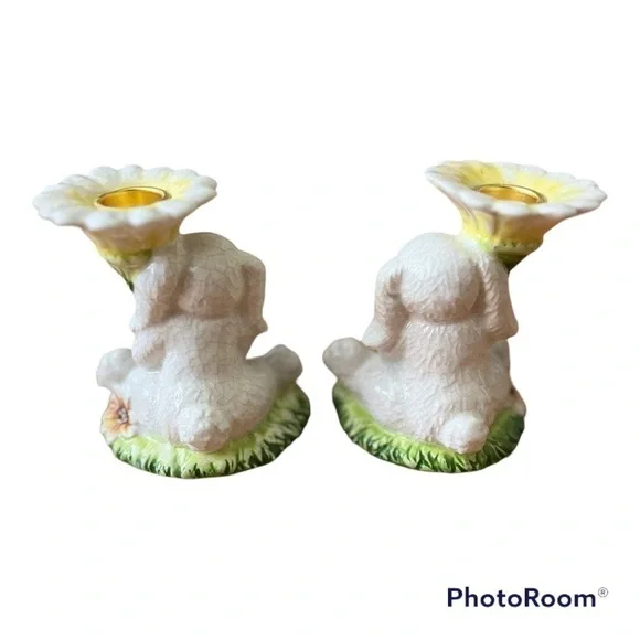 Hand painted Spring White Bunny Ceramic Candle holder Easter Bunny Crackle Paint - Picture 9 of 11